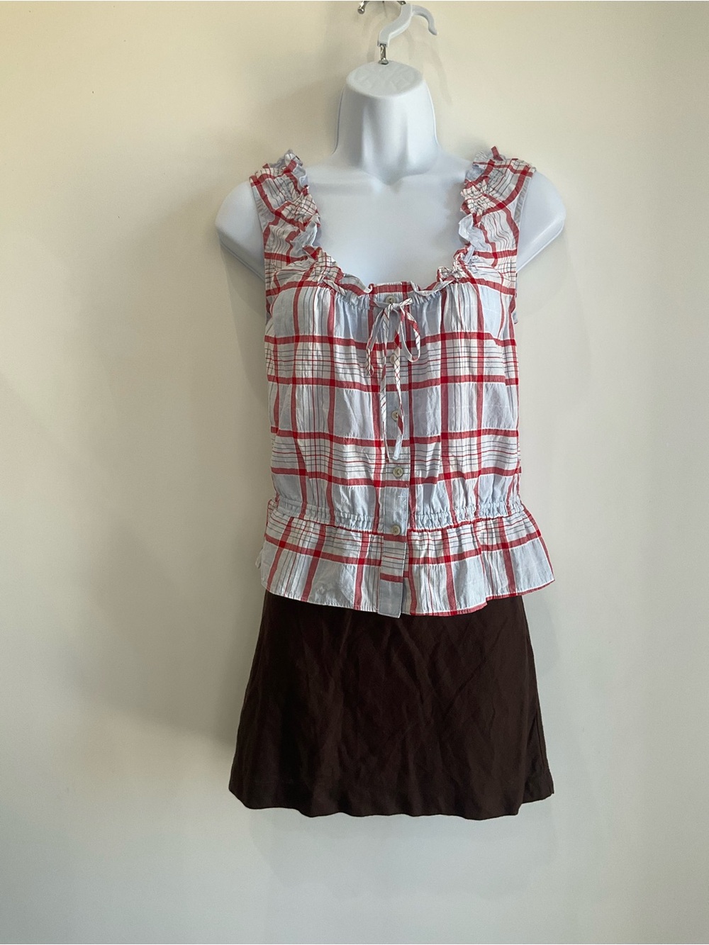 Universal Thread White & Red Plaid Ruffle Tie-Front Camisole
